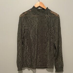 Cable & Gauge Lace Blouse - Dark Green/Gray with built in Liner